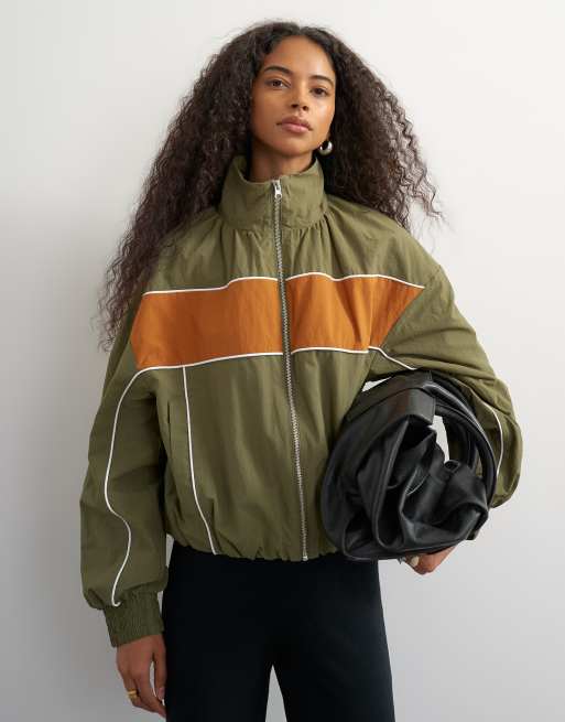 Topshop contrast piping track jacket in khaki, 2 of 4