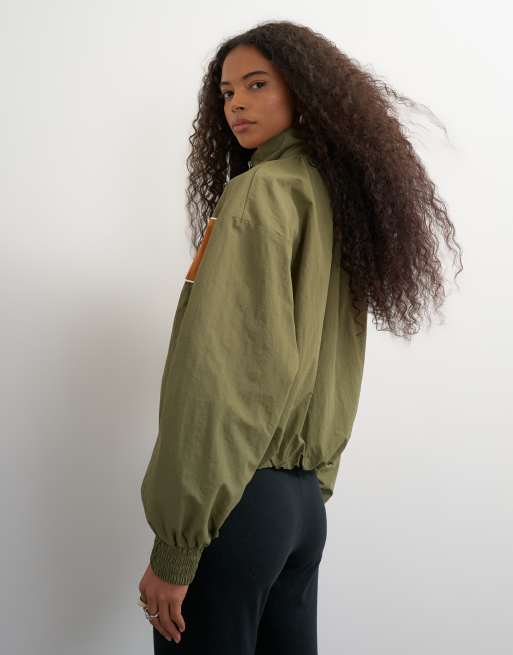 Topshop contrast piping track jacket in khaki, 3 of 4