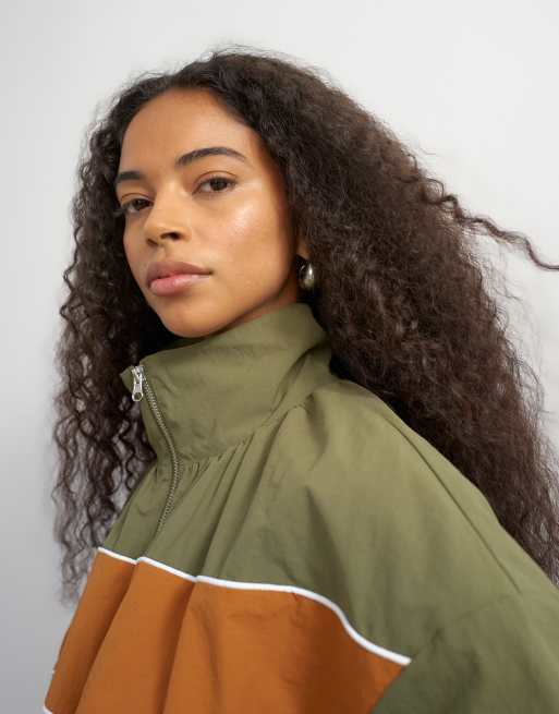 Topshop contrast piping track jacket in khaki, 4 of 4
