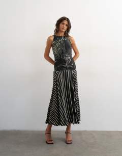 Model wearing Contrast print beaded strap maxi dress in black sketchy floral and stripe