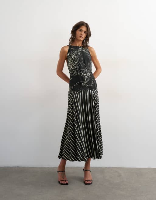 asos black and white maxi dress ASOS DESIGN cami mixed fabric maxi dress with dropped waist in black and  white color block