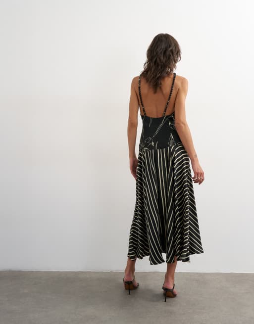 Topshop contrast print beaded strap maxi dress in black sketchy floral and stripe, 4 of 4