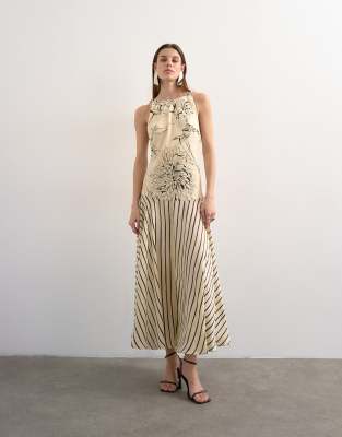 Contrast print beaded strap maxi dress in sketchy floral and stripe