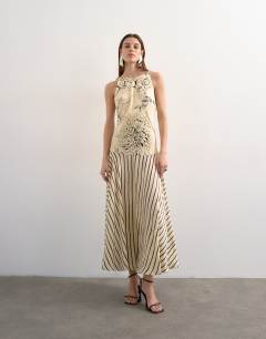 Model wearing Contrast print beaded strap maxi dress in sketchy floral and stripe