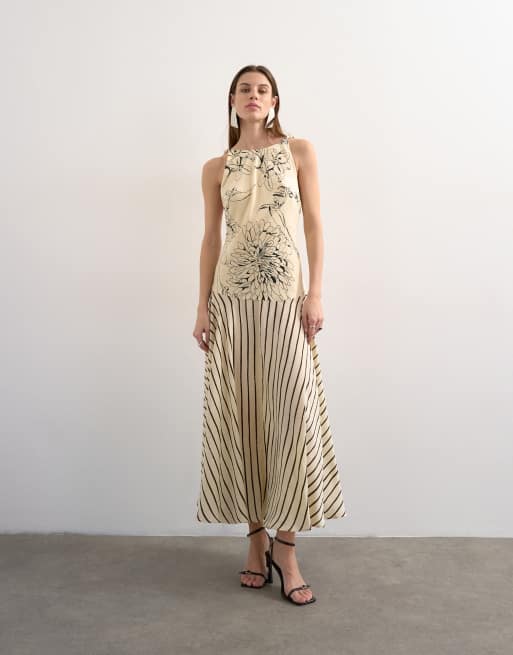 Topshop contrast print beaded straps maxi dress in sketched floral and stripes