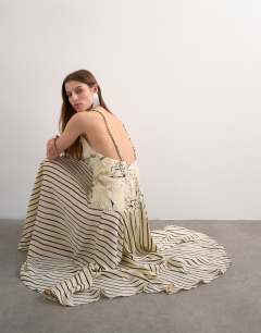 Model wearing Contrast print beaded strap maxi dress in sketchy floral and stripe