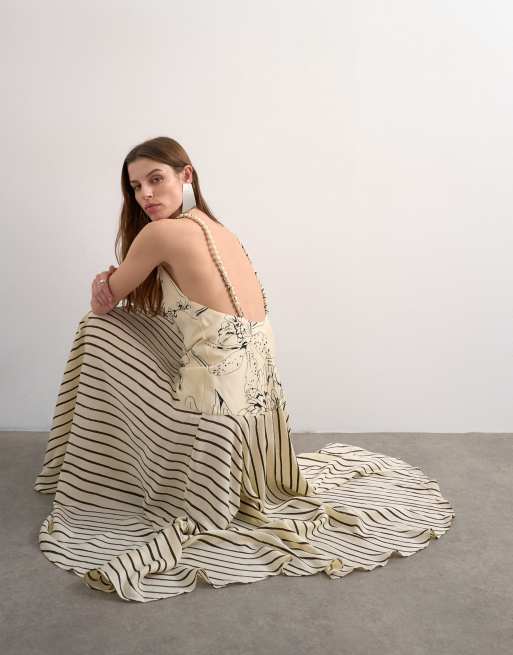 Topshop contrast print beaded strap maxi dress in sketchy floral and stripe, 3 of 4