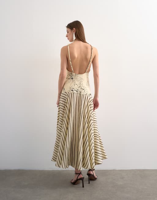 Topshop contrast print beaded straps maxi dress in sketched floral and stripes