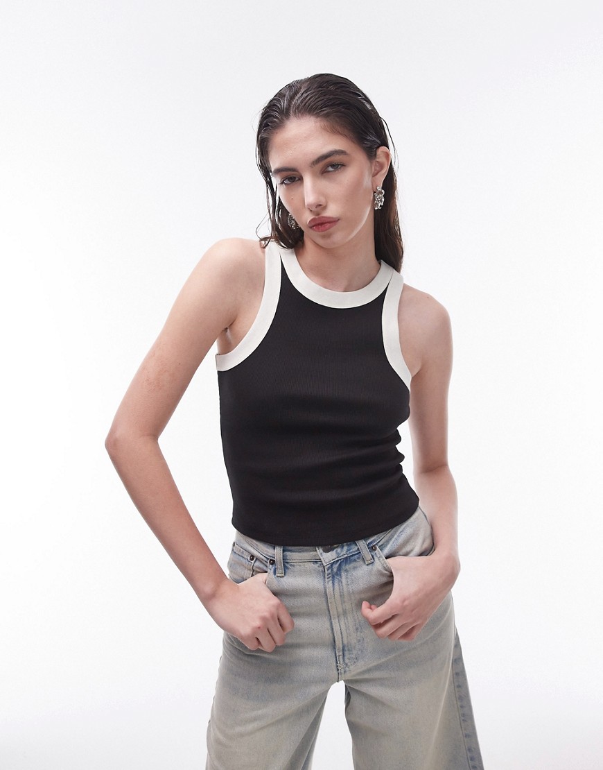 Topshop Contrast Racer Tank Top In Black-white