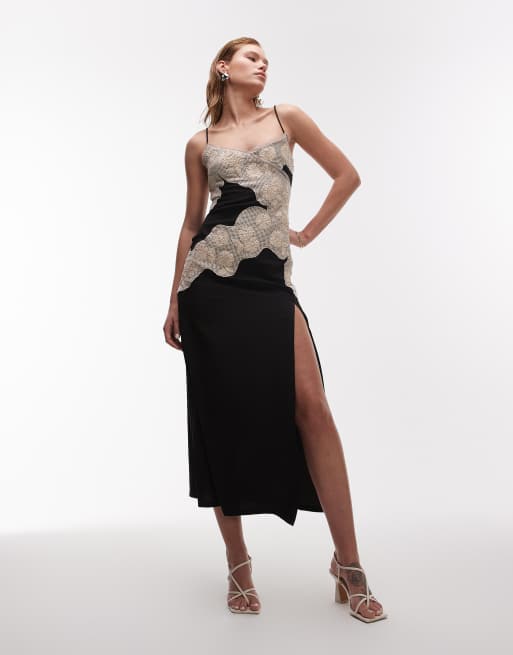 Topshop contrast raffia insert midi slip dress in black