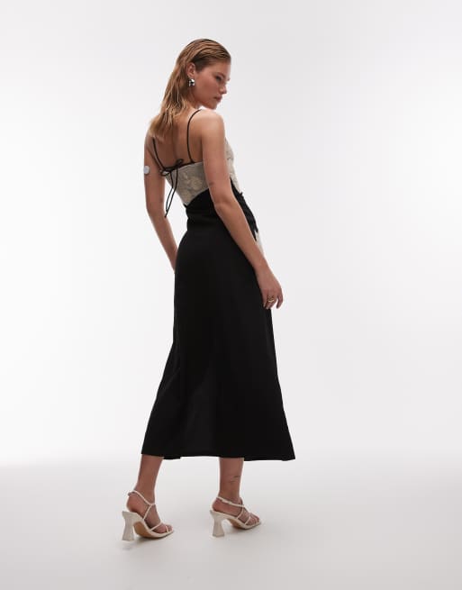 Topshop contrast raffia insert midi slip dress in black, 5 of 5