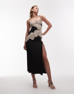 Topshop Contrast Raffia Inserts Midi Dress In Black