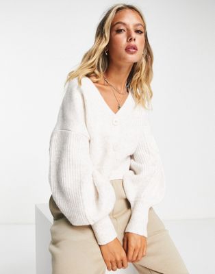 Topshop knitted ribbed panel crop cardi in neutral
