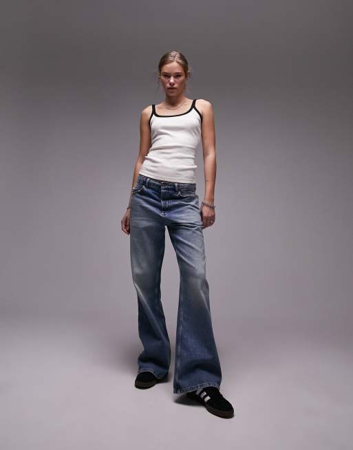 Topshop contrast rib scoop neck skinny strap singlet top in off white
