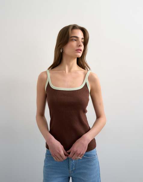 Topshop contrast rib scoop skinny strap singlet in chocolate brown - view 1