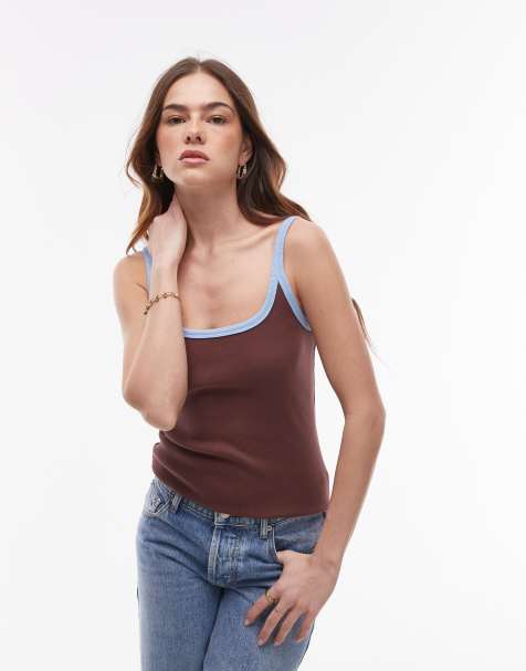 Topshop contrast rib scoop skinny strap vest in choc and blue - view 1