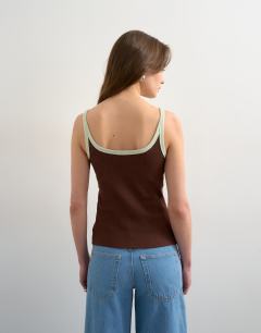 Model wearing Contrast rib scoop skinny strap vest in chocolate brown