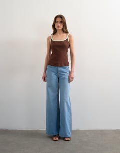 Model wearing Contrast rib scoop skinny strap vest in chocolate brown