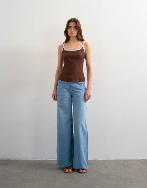 Topshop contrast rib scoop skinny strap vest in chocolate brown, 4 of 4