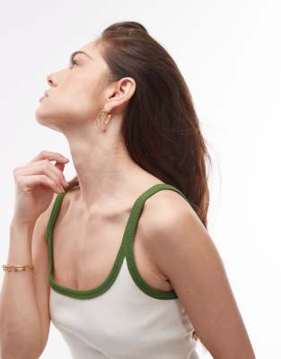 Topshop Topshop contrast rib scoop skinny strap vest in ecru and green-White