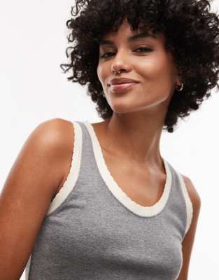 Topshop Contrast Ruffle Edge Scoop Tank Top In Gray