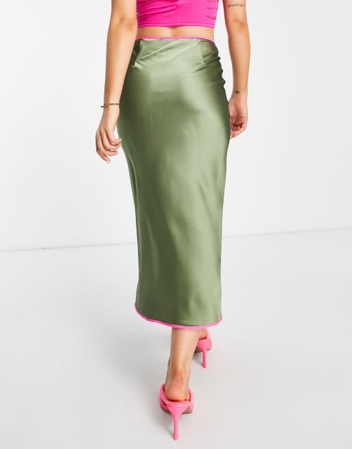 Topshop contrast satin midi skirt in pink and khaki, 2 of 4