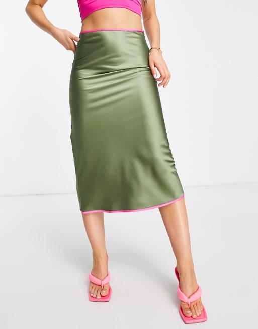 Topshop contrast satin midi skirt in pink and khaki, 4 of 4
