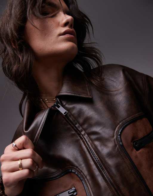 Topshop contrast seam detail faux leather jacket in multi, 3 of 4