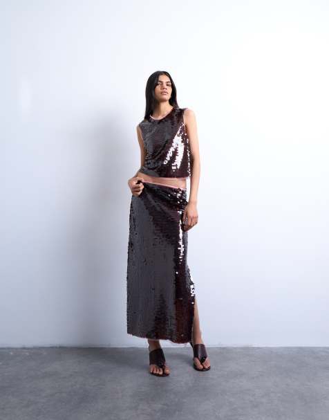 Topshop contrast sequin midi skirt in wine (Part of a set) - view 1