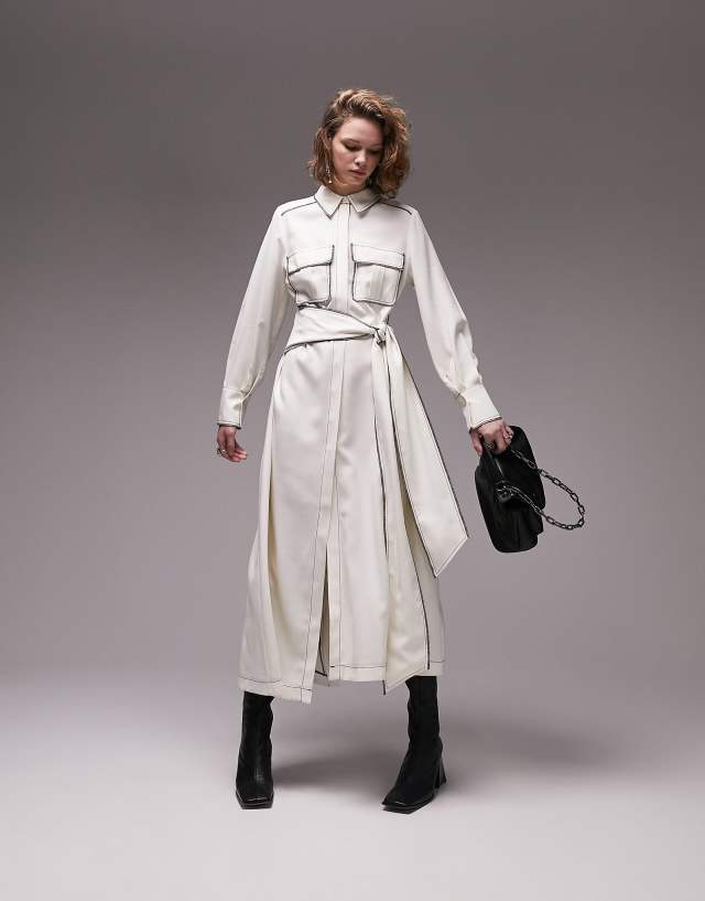 Topshop contrast stitch belted midi shirt dress with step hem in ivory