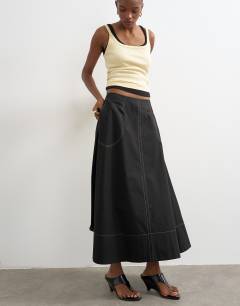 Contrast stitch full circle skirt in black