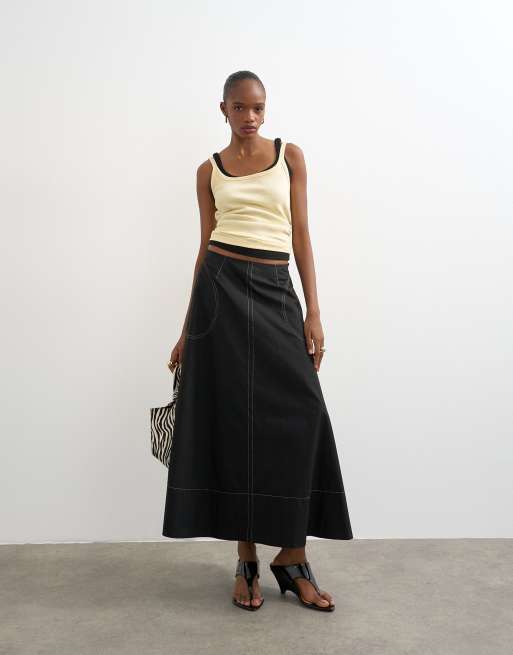 Topshop contrast stitch full circle skirt in black, 2 of 5
