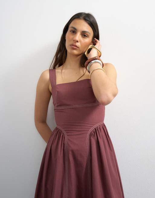 Topshop contrast stitch maxi sundress in plum, 3 of 4