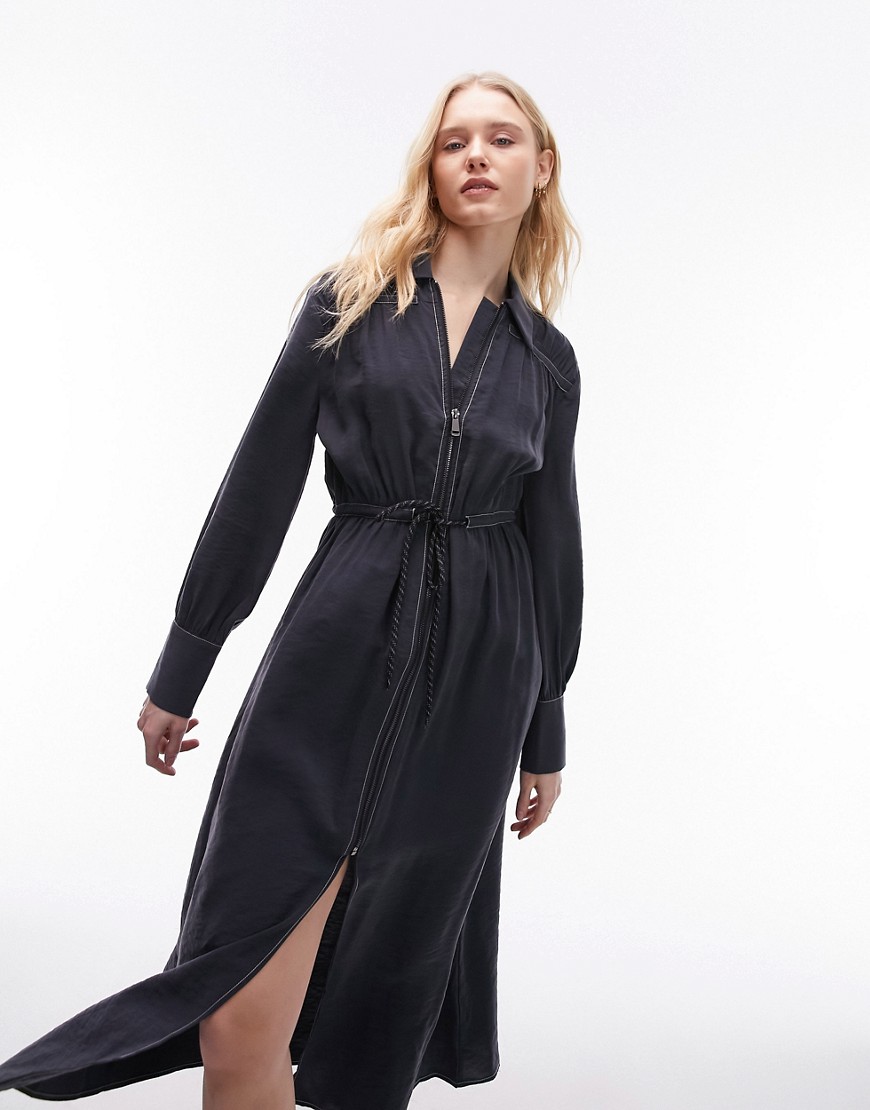 Topshop contrast stitch midi shirt dress with zip front in washed black