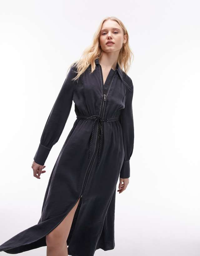 Topshop - contrast stitch midi shirt dress with zip front in washed black