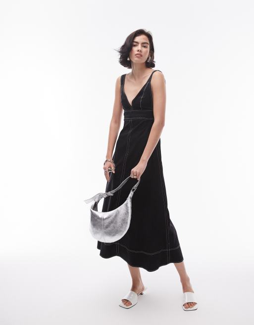 Topshop contrast stitch poplin midi pinny dress in black 