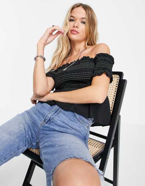 Topshop contrast stitch shirred bardot top in black - view 1