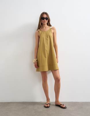 Topshop Contrast Stitch Tape Detail Smock Mini Dress In Brown