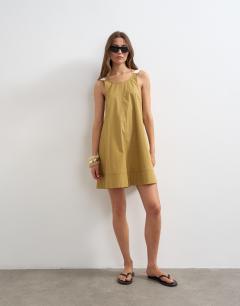 Contrast stitch tape detail smock mini dress in light khaki