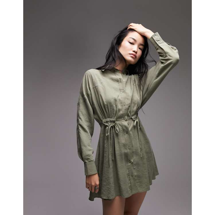 L’Or waist tuck shirt dress khaki khaki chic belted shirt dress – Shop Blue Eyed
