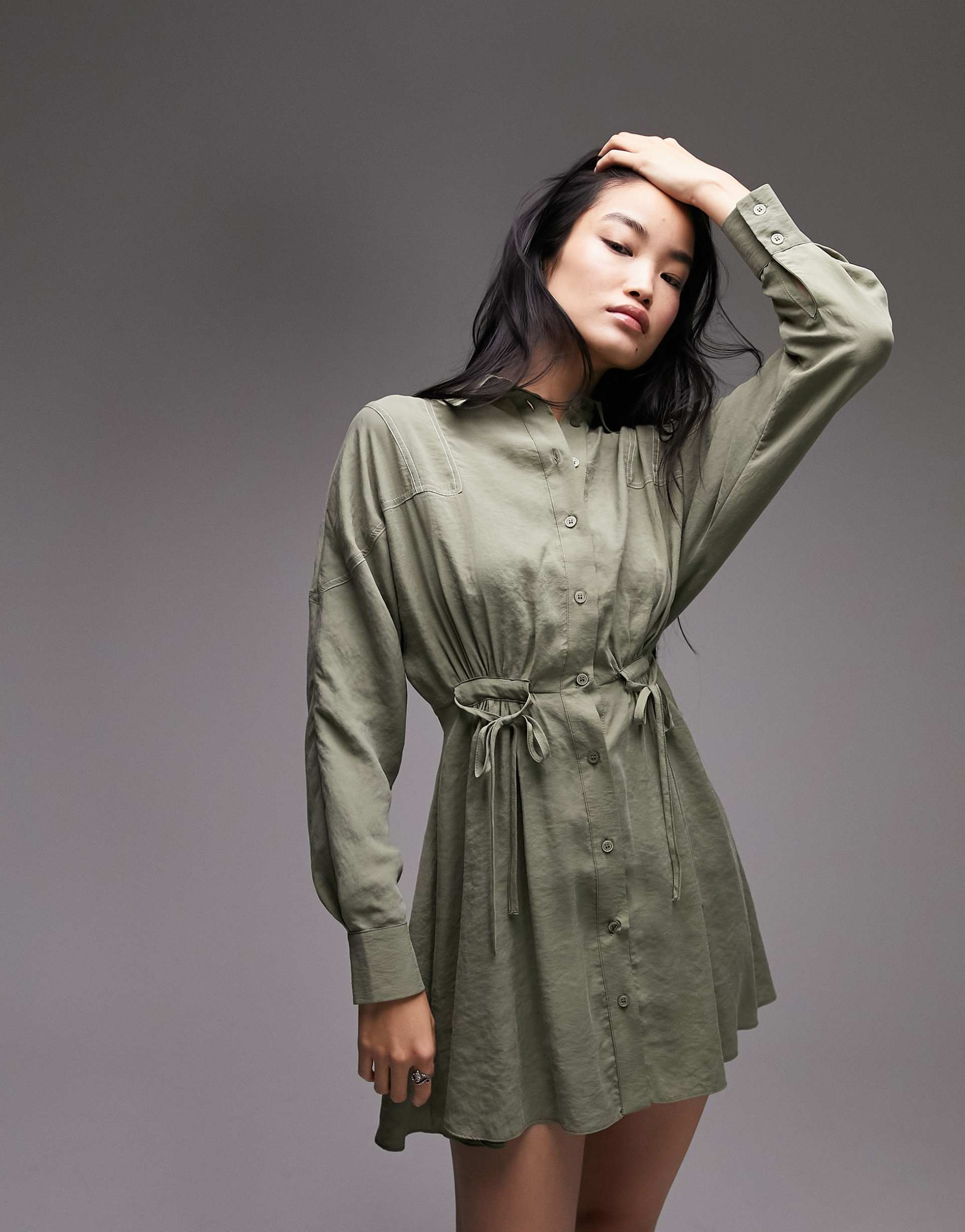 topshop contrast stitch tie side shirt dress in khaki