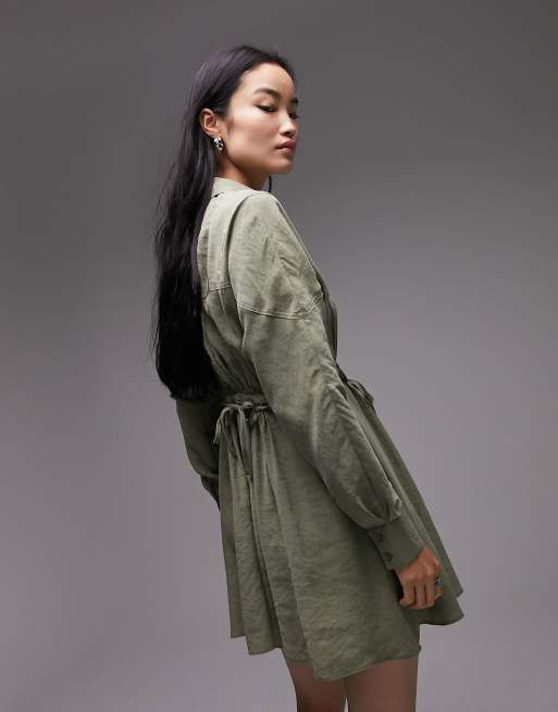 Topshop contrast stitch tie side shirt dress in khaki