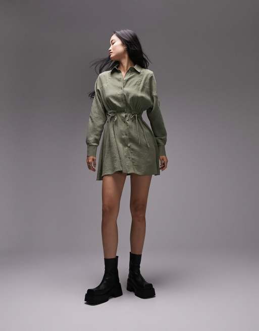 Topshop contrast stitch tie side shirt dress in khaki