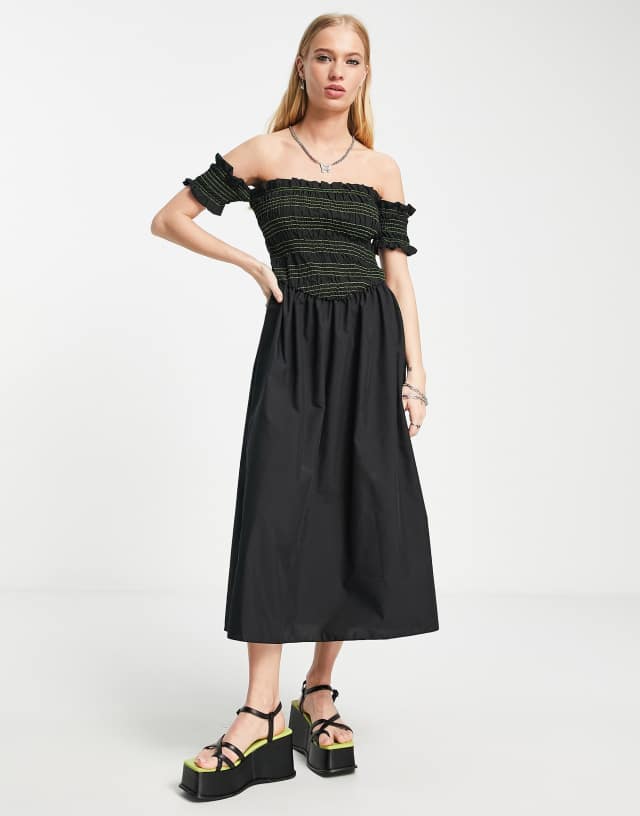 Topshop contrast stitching shirred bardot dress in black