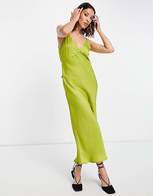 Topshop contrast straps open back satin occasion slip dress in chartreuse 
