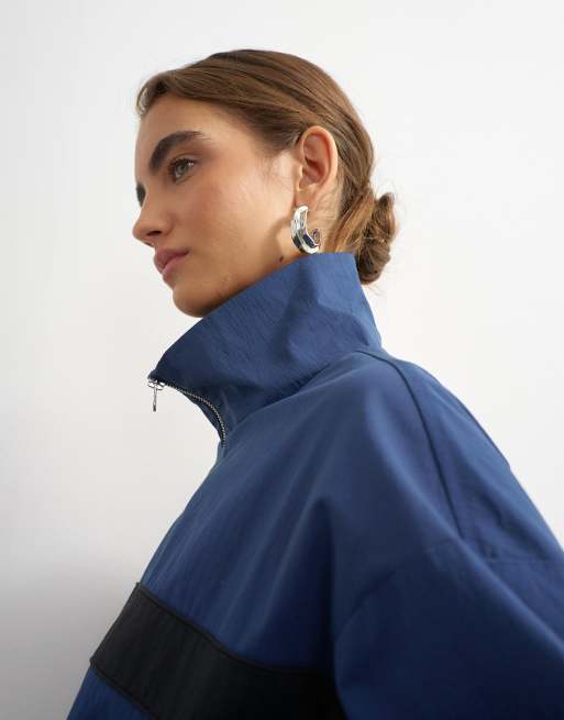 Topshop contrast stripe funnel neck track jacket in navy, 3 of 4