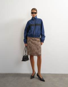 Model wearing Contrast stripe funnel neck track jacket in navy