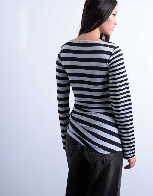 Topshop contrast stripe ruched long sleeve top in grey, 4 of 4