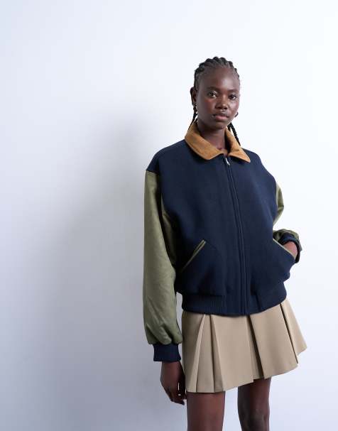 Topshop contrast suede varsity bomber jacket in multi - view 1