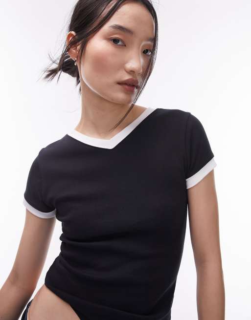 Topshop contrast v neck everyday tee in black 